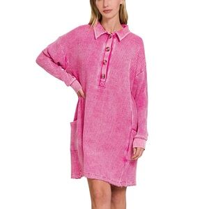 Zenana Pink Acid Wash Waffle Knit Dress Collared Long Sleeve Womens Small